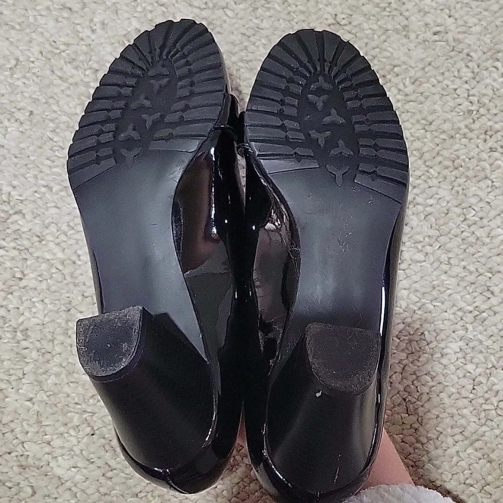 s.r.o. black patent leather heels with gray flannel accent.  Size 9.